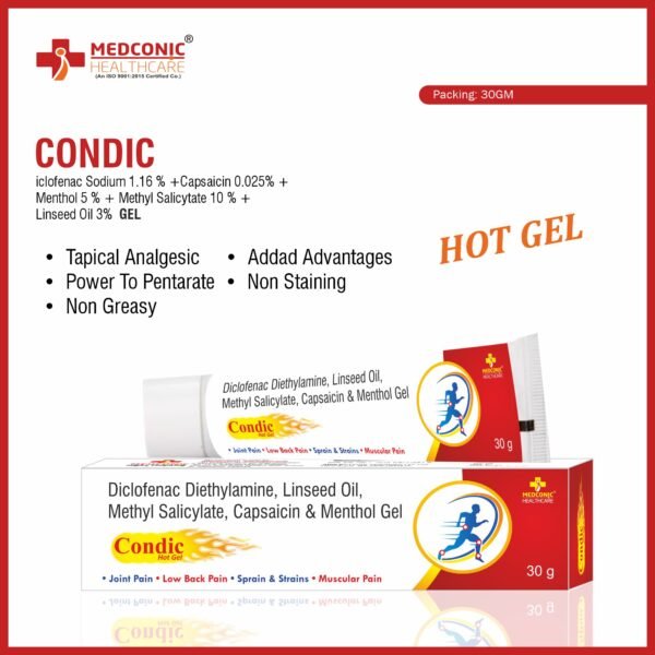 CONDIC HOT GEL - Diclofenac Sodium 116% Capsaicin 0025% Menthol 5% Methyl Salicytate 10% Linseed Oil 3%