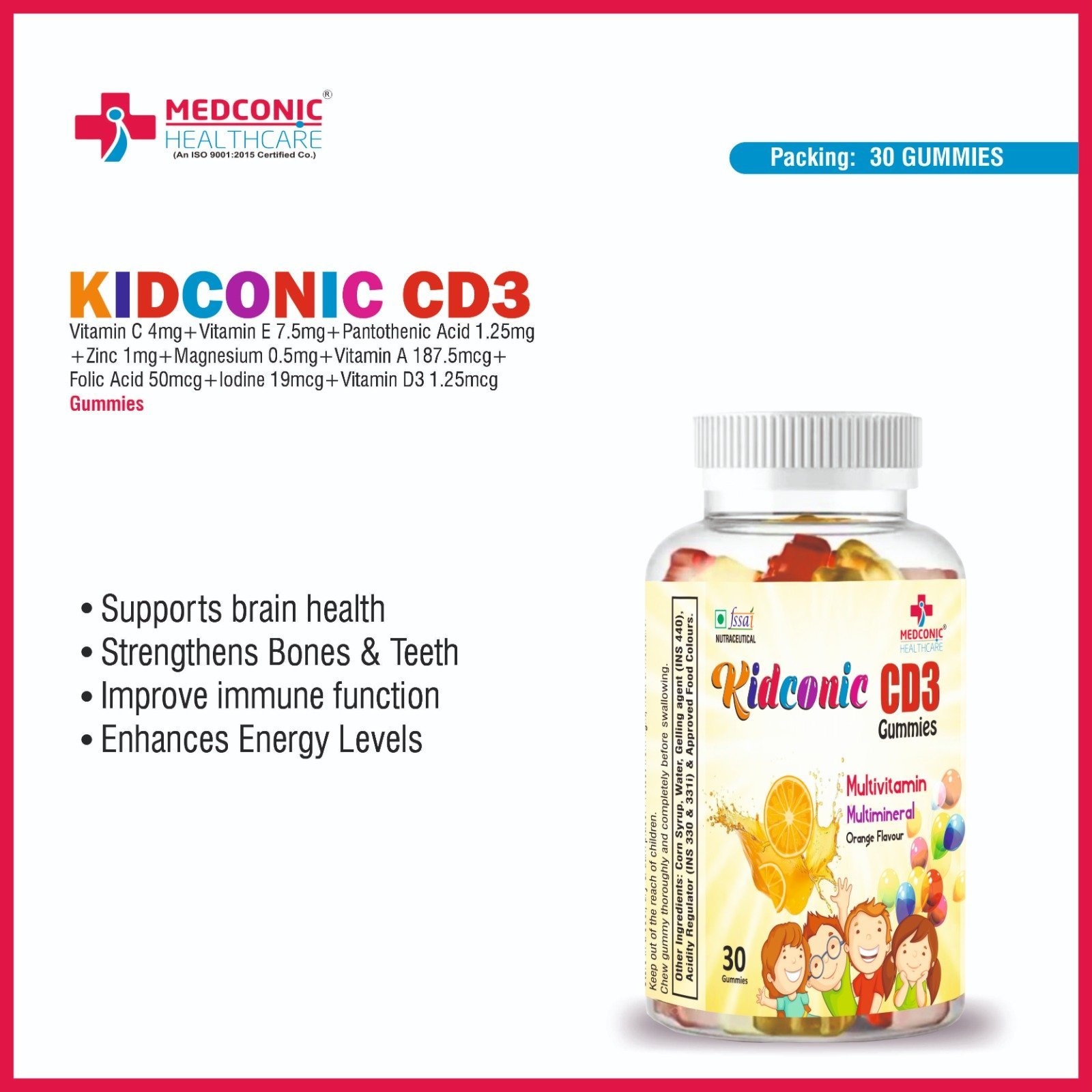 KIDCONIC CD3 - VITC 4MG VITE 75MG PANTOTHENIC ACID 125MG ZINC 1MG MAGNESIUM 05MG VITA 1875MCG FOLIC ACID 50MCG IODINE 19MCG VITD3 125MCG GUMMIES (ORANGE FLAVOUR)