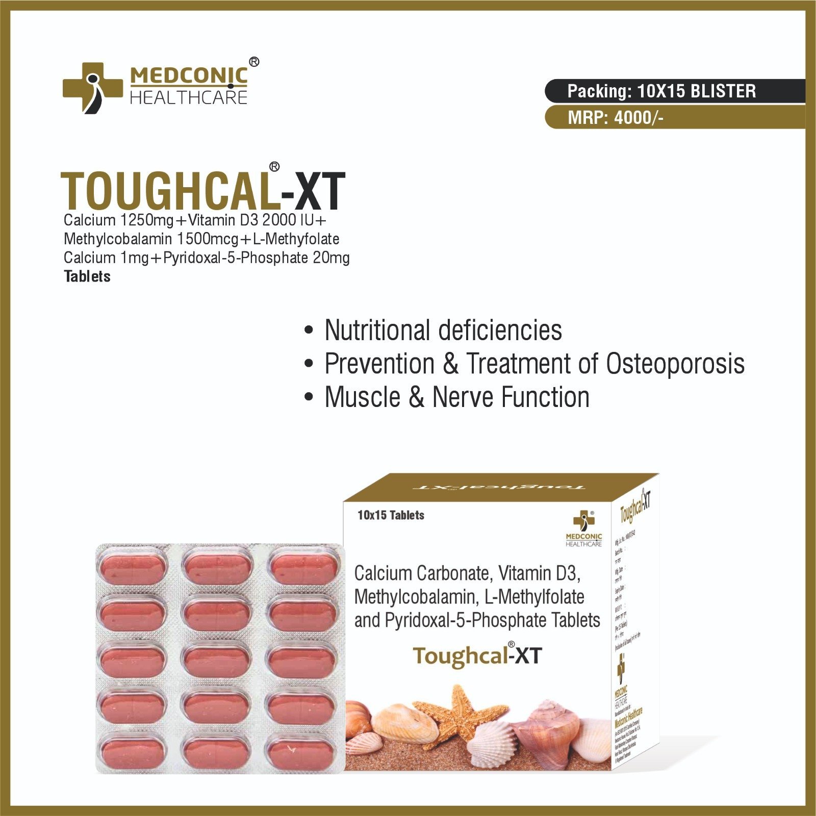 TOUGHCAL XT TABLETS - CALCIUM 1250MG + VITAMIN D3 2000 IU + METHYLCOBALAMIN 1500MCG + L-METHYFOLATE CALCIUM 1MG + PYRIDOXAL 5 PHOSPHATE 20MG TABLETS